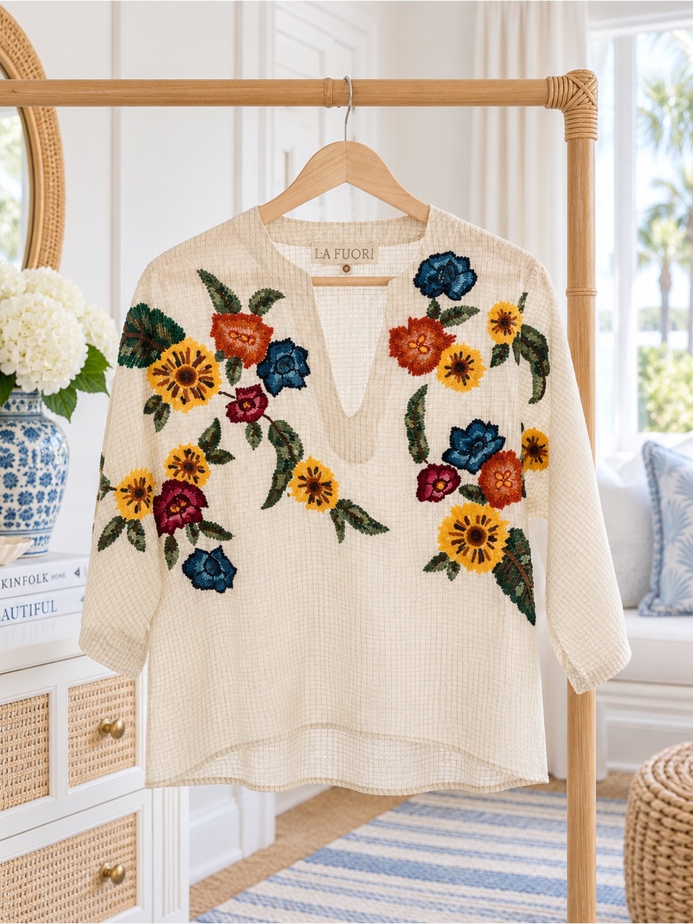 LA FUORI Cream Embroidered Floral Peasant Top